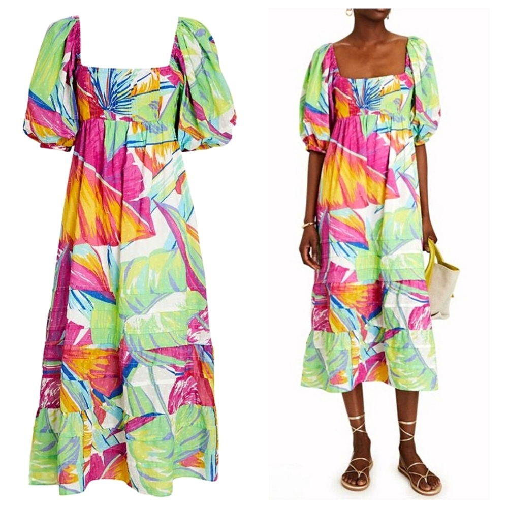 Farm Rio Midi Dress Rainbow Leaves Print Oversized XS Travel Wedding msrp $225